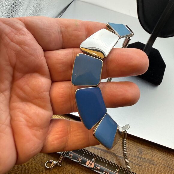 Blue & Silver Geometric Statement Necklace Chunky Modern Panels - Picture 8 of 9